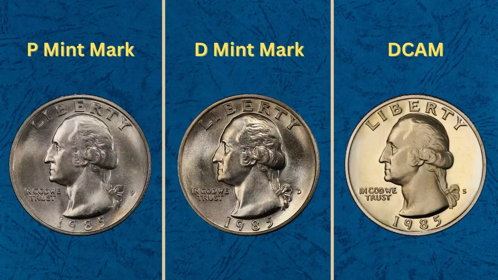 1985 Washington quarter grading strip showing four condition tiers from heavily worn to gem uncirculated MS-67