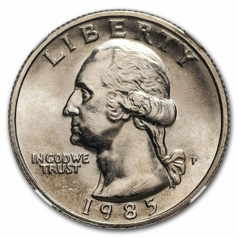 Side-by-side comparison of circulated vs MS-67 uncirculated 1985 Washington quarter showing surface quality difference