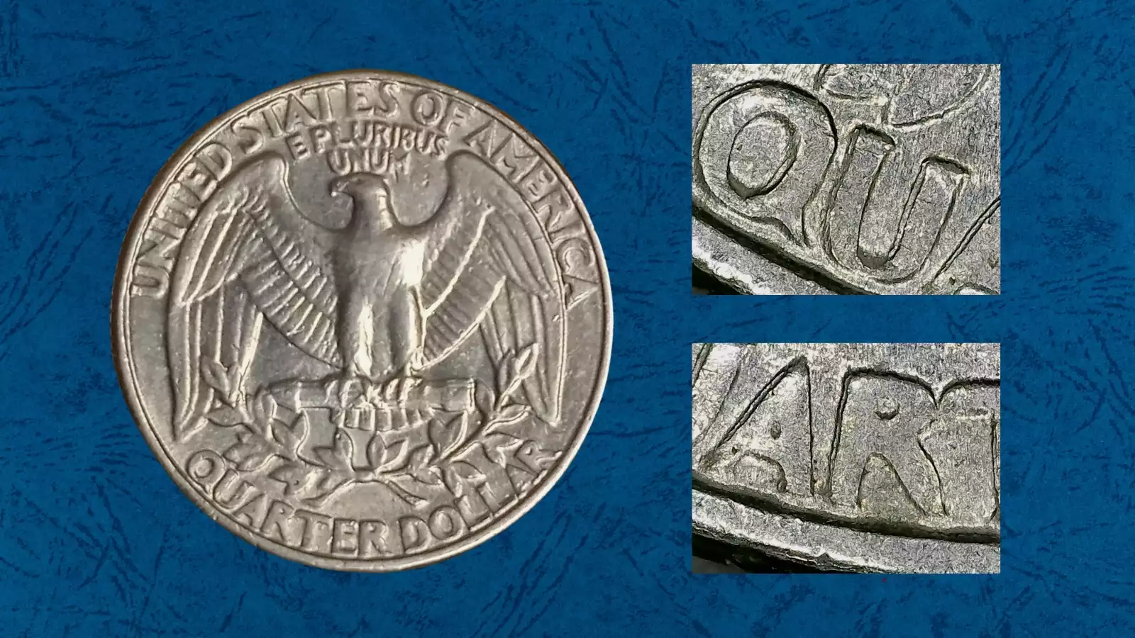 1985 quarter Doubled Die Reverse error showing doubling on eagle feathers and UNITED STATES OF AMERICA inscription