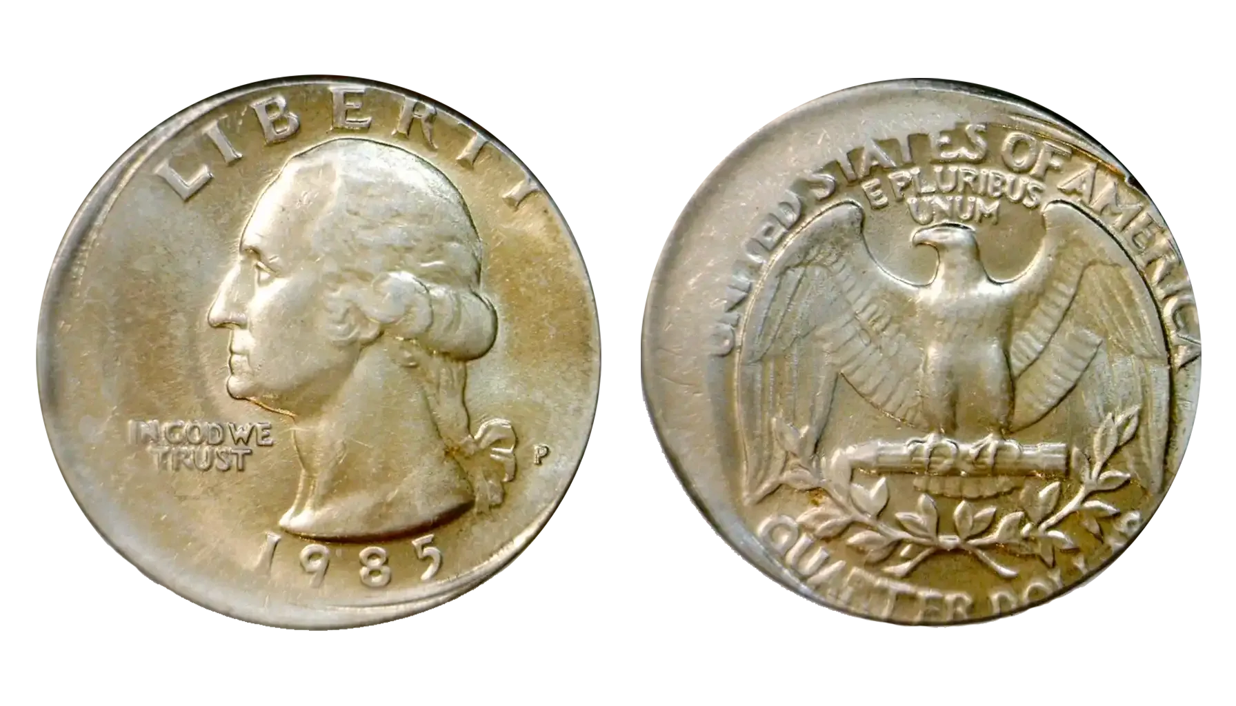 Group of 1985 Washington quarters from Philadelphia, Denver and San Francisco mints showing all three mint mark varieties